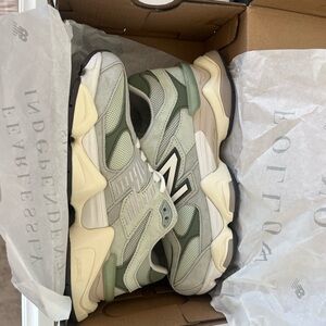 New Balance Olive and White Sneakers